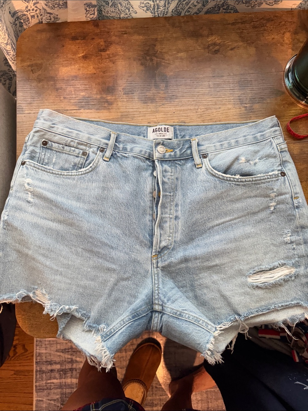 Agolde Light Wash Distressed Denim Cutoff Shorts